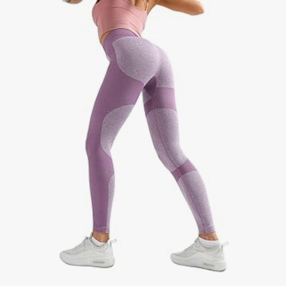 Lilac Two Tone High Waisted Compression Tummy Control Athletic Yoga Leggings - Picture 2 of 11